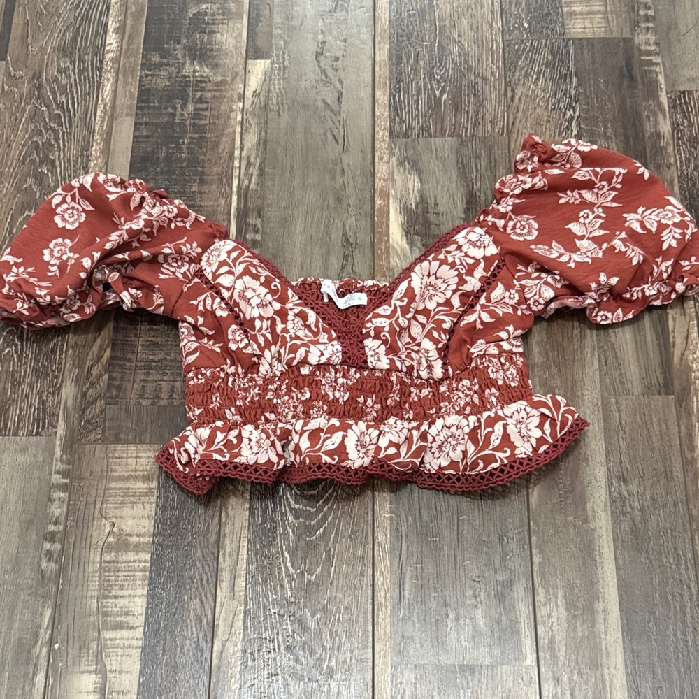 Altar'd State Floral Puff Sleeve Blouse in Rust
